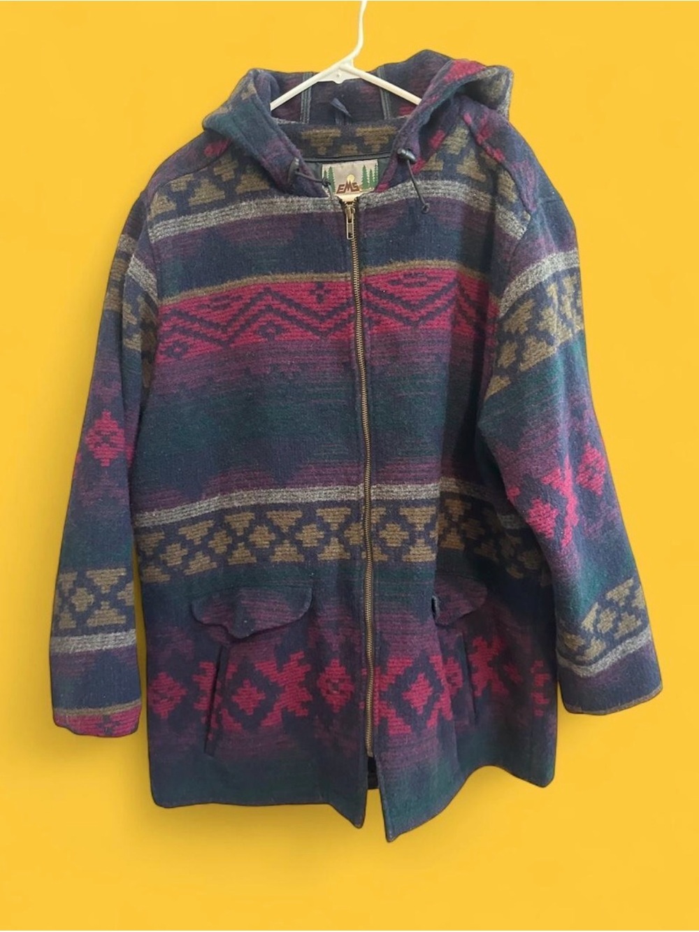 Vintage EMS Aztec Southwestern Wool Hooded wJacket Cozymonster 90s Full Zip
